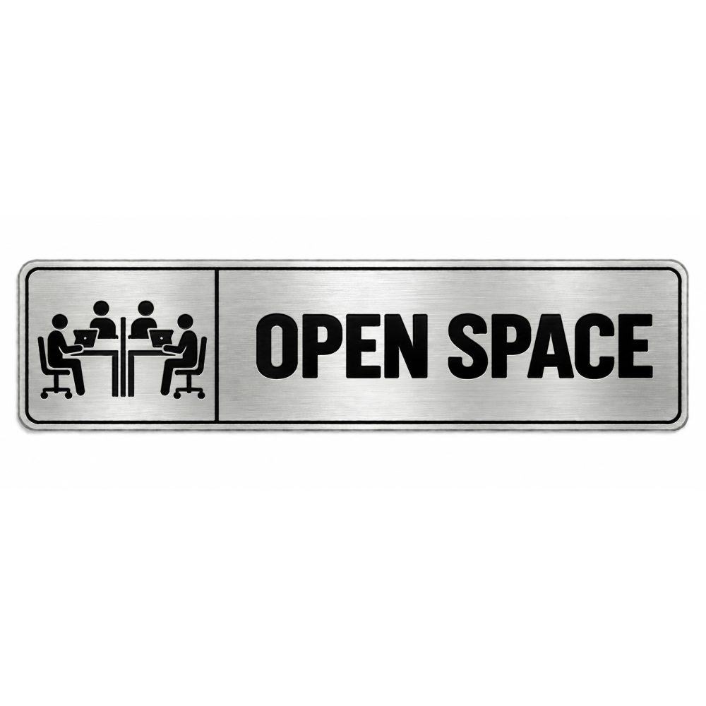 Plaque de porte Open Space PVC Argent Brossé - signalétique salle professionnelle - Immograv