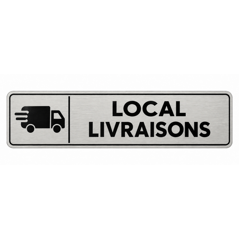 Plaque de porte Local Livraisons PVC argent brossé - pictogramme camion de livraison en mouvement - Immograv