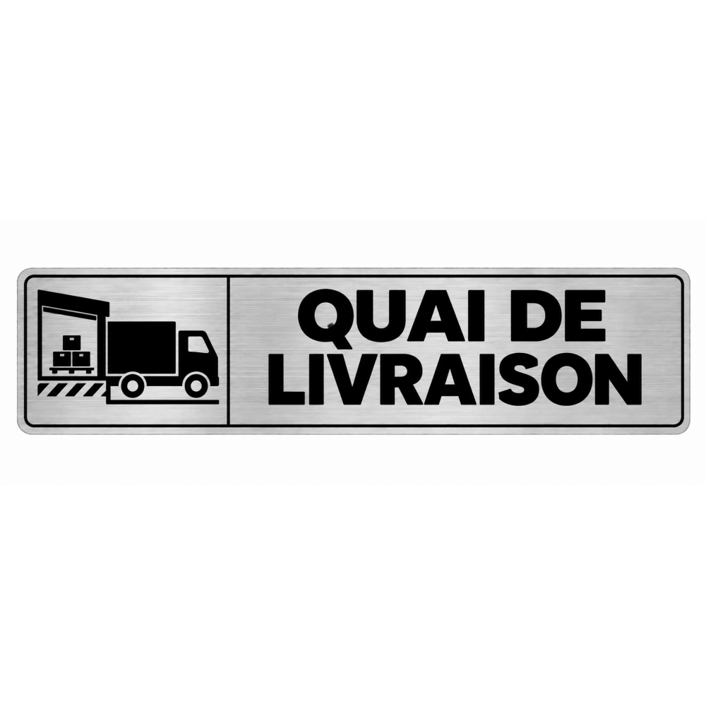 Plaque de porte Quai de Livraison PVC argent brossé - pictogramme camion positionné devant un quai avec palettes - Immograv