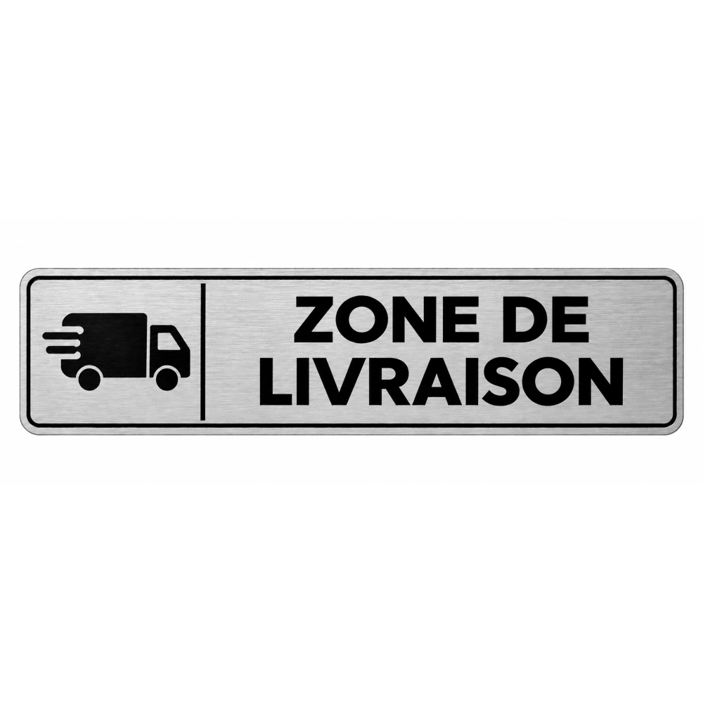Plaque de porte Zone de Livraison PVC argent brossé - pictogramme camion de livraison en mouvement - Immograv
