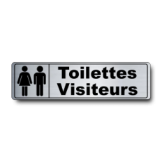 Plaque de porte Toilettes Visiteurs PVC argent brossé - pictogramme femme et homme - Immograv