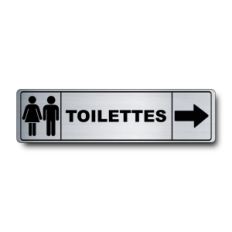 Plaque de porte Toilettes flèche droite PVC argent brossé - pictogramme femme et homme - Immograv