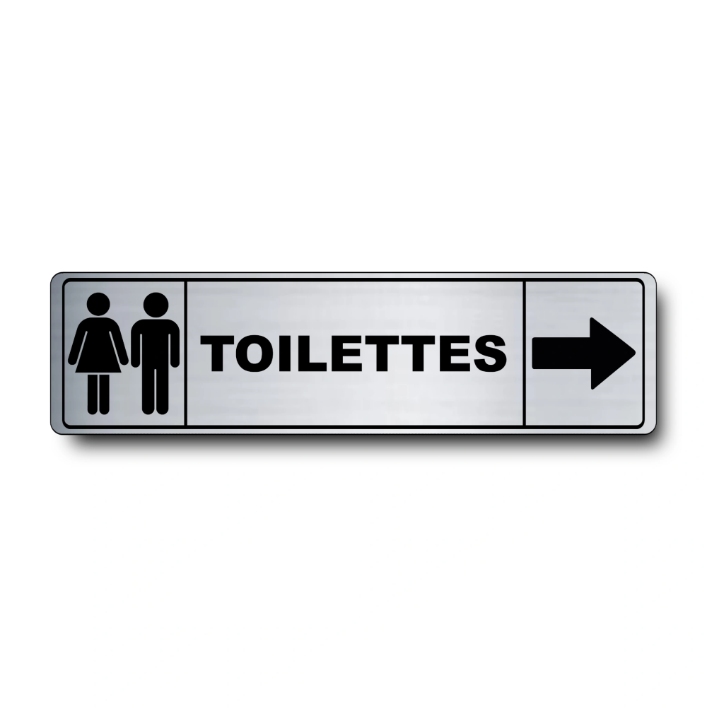 Plaque de porte Toilettes flèche droite PVC argent brossé - pictogramme femme et homme - Immograv