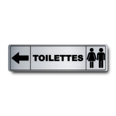 Plaque de porte Toilettes flèche gauche PVC argent brossé - pictogramme femme et homme - Immograv