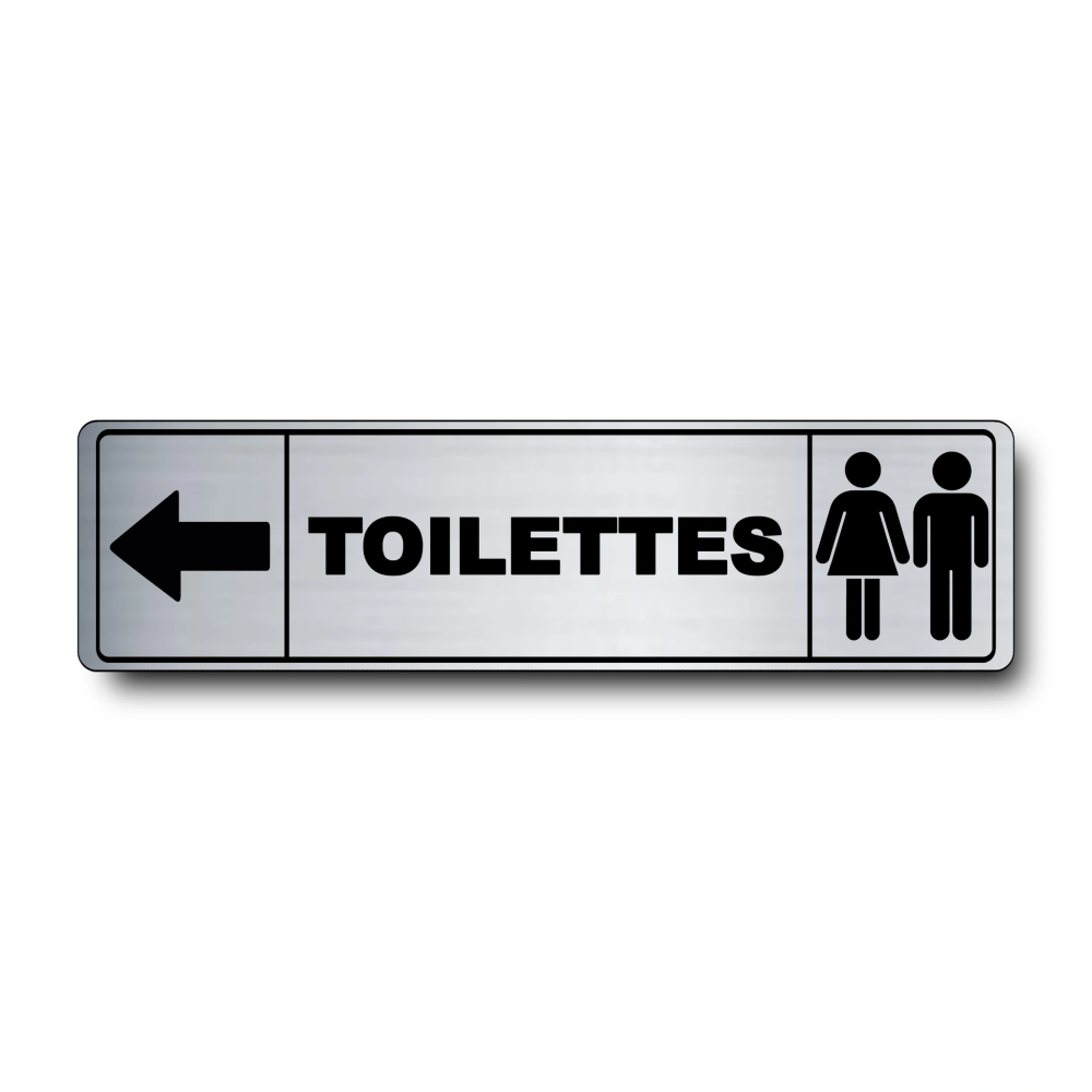 Plaque de porte Toilettes flèche gauche PVC argent brossé - pictogramme femme et homme - Immograv