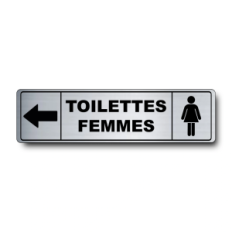 Plaque de porte Toilettes Femmes flèche gauche PVC argent brossé - pictogramme femme - Immograv