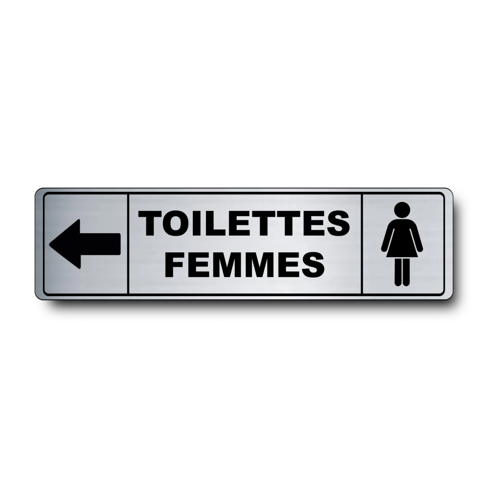 Plaque de porte Toilettes Femmes flèche gauche PVC argent brossé - pictogramme femme - Immograv