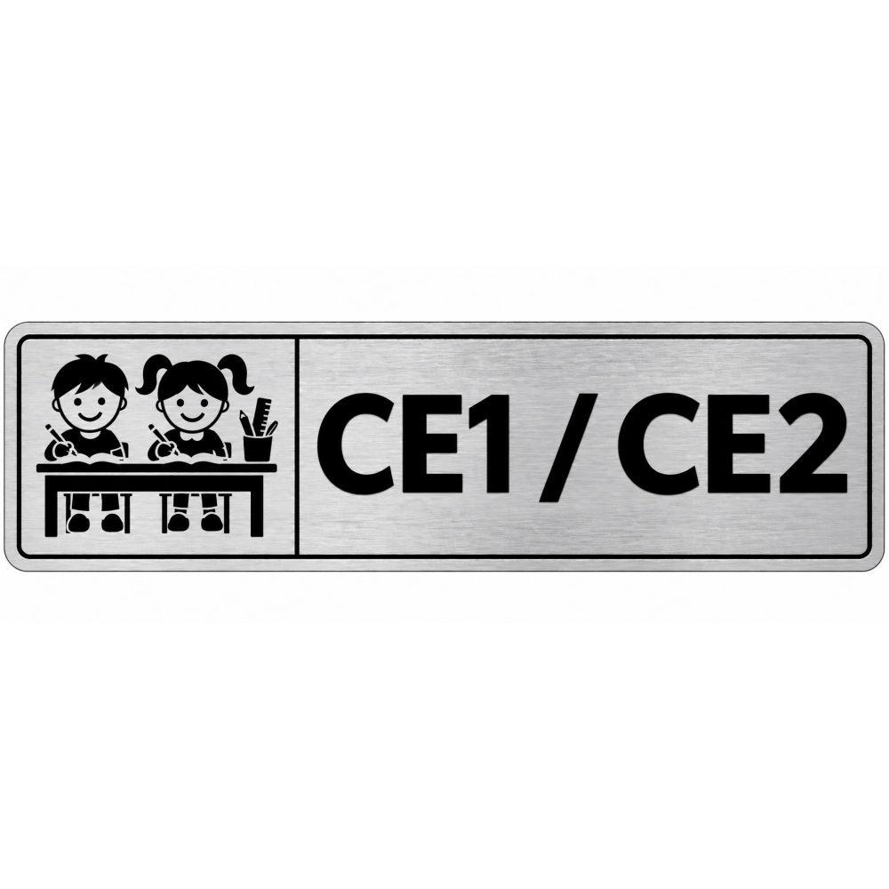 Plaque de porte CE1 / CE2 en PVC argent brossé - signalétique école primaire - Immograv