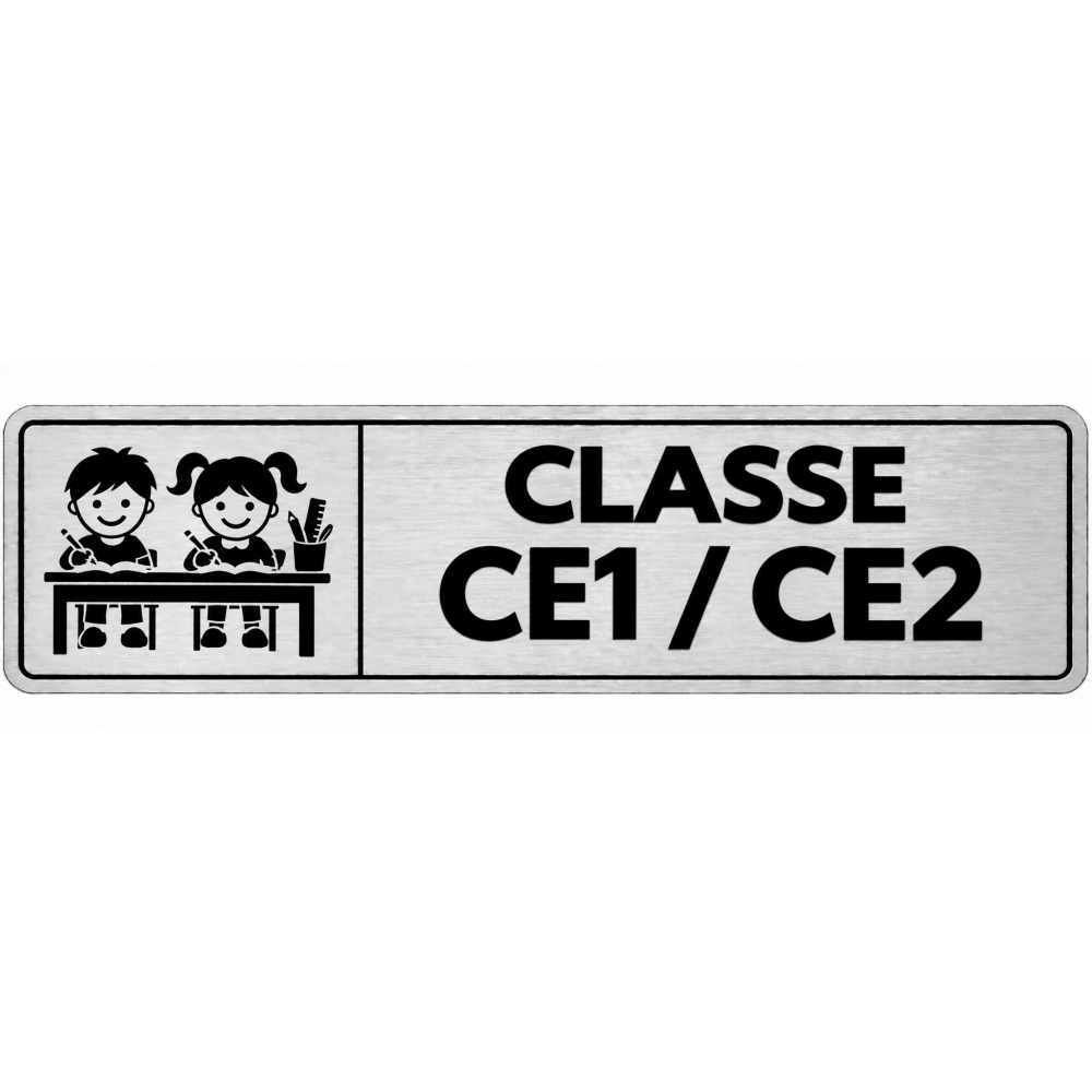 Plaque de porte Classe CE1 / CE2 en PVC argent brossé - signalétique école primaire - Immograv