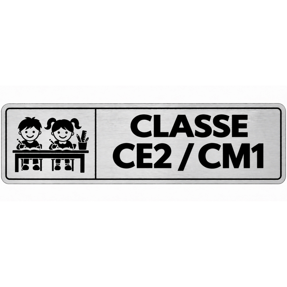Plaque de porte Classe CE2 / CM1 en PVC argent brossé - signalétique école primaire - Immograv