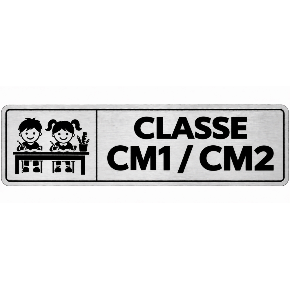 Plaque de porte Classe CM1 / CM2 en PVC argent brossé - signalétique école primaire - Immograv