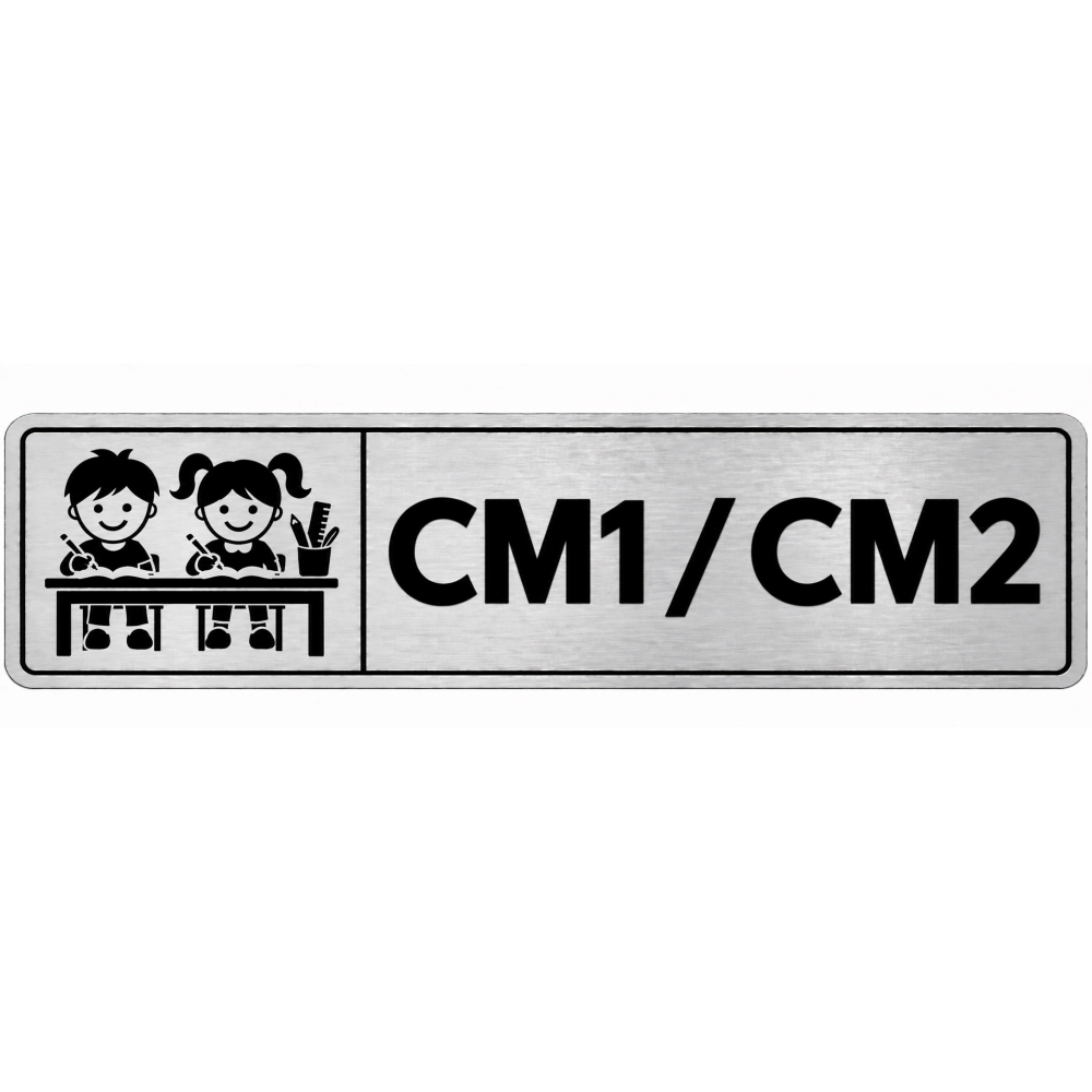 Plaque de porte CM1 / CM2 en PVC argent brossé - signalétique école primaire - Immograv