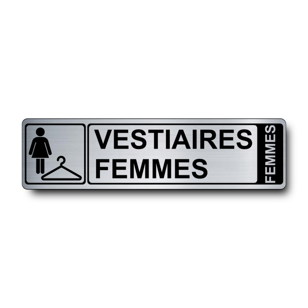 Plaque de porte Vestiaires Femmes PVC argent brossé - pictogramme femme et cintre - Immograv