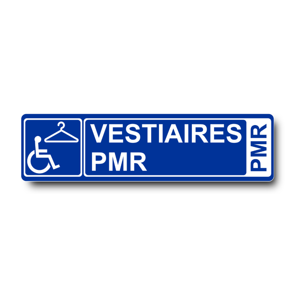 Plaque de porte Vestiaires PMR PVC bleu - pictogramme fauteuil roulant et cintre - Immograv