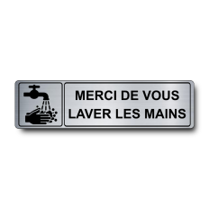Plaque de porte Merci de Vous Laver les Mains PVC argent brossé - pictogramme mains et robinet - Immograv