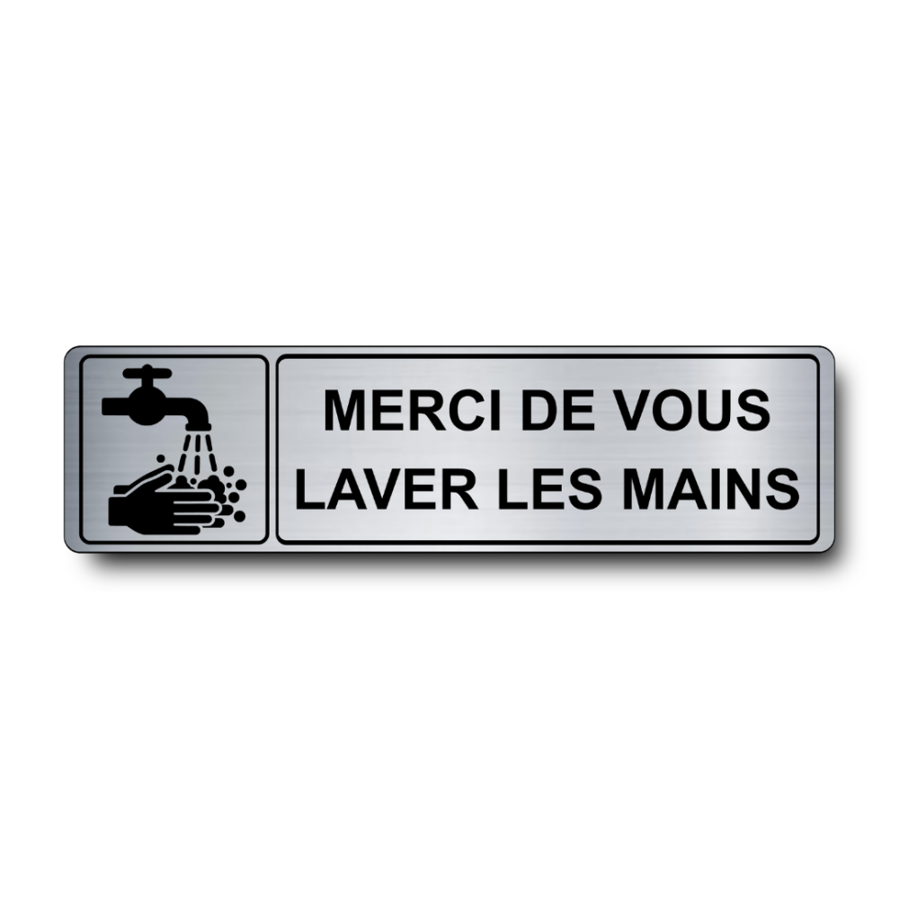 Plaque de porte Merci de Vous Laver les Mains PVC argent brossé - pictogramme mains et robinet - Immograv