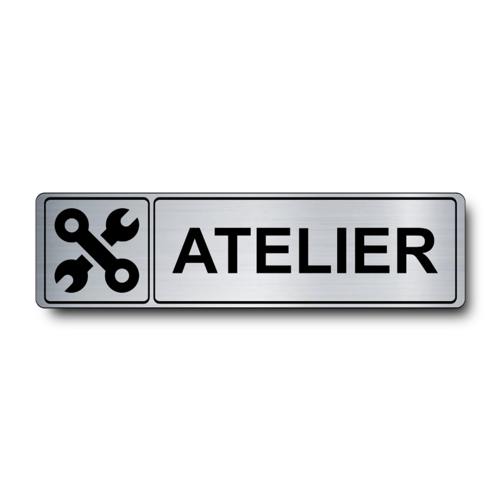 Plaque de porte Atelier PVC argent brossé - pictogramme outils - Immograv