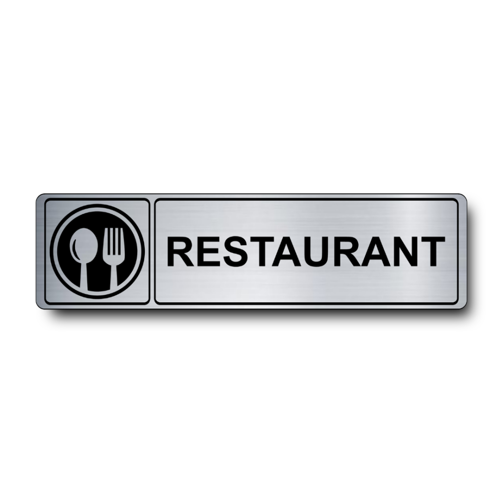 Plaque de porte Restaurant PVC argent brossé - pictogramme assiette et couverts - Immograv