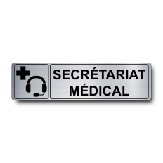 Plaque de porte Secrétariat Médical PVC argent brossé - pictogramme casque téléphonique et croix médicale - Immograv