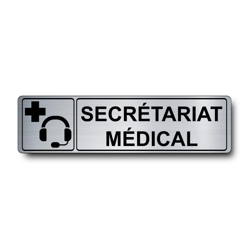 Plaque de porte Secrétariat Médical PVC argent brossé - pictogramme casque téléphonique et croix médicale - Immograv
