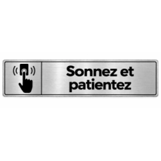 Plaque de porte Sonnez et patientez - pictogrammes sonnette et attente PVC Argent Brossé - Immograv