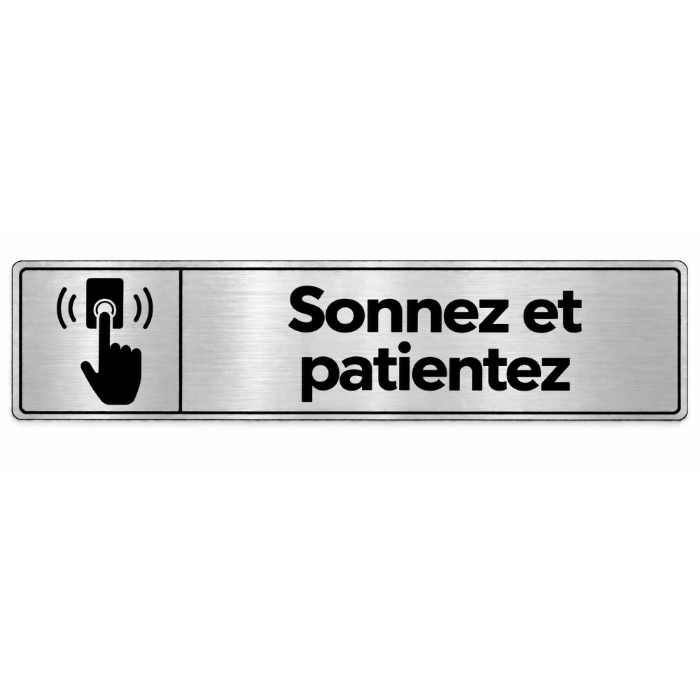 Plaque de porte Sonnez et patientez - pictogrammes sonnette et attente PVC Argent Brossé - Immograv